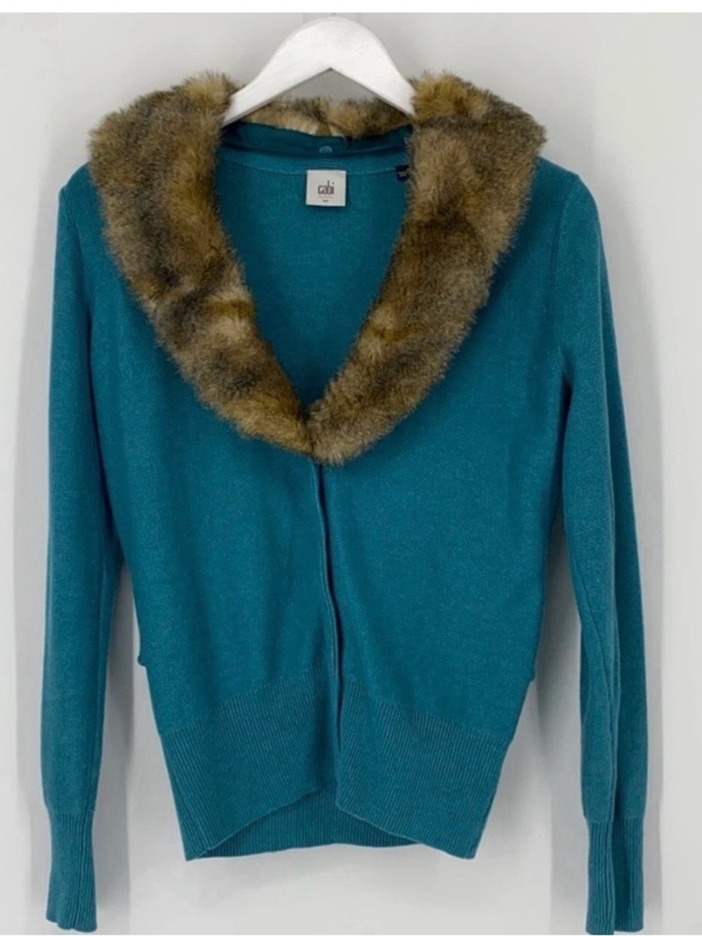 CAbi Teal Detachable Faux-Fur Trim Cardigan Sweater